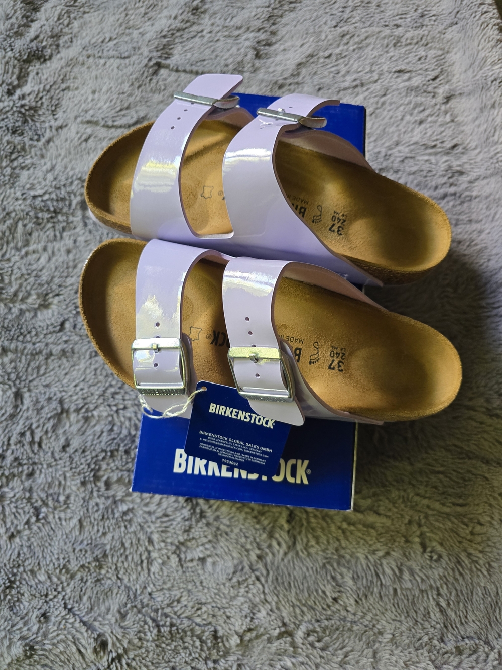 Birkenstock Arizona Patent Two-Strap Sandals in Purple Fog